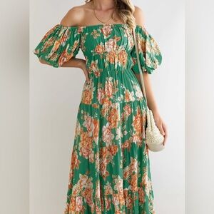 Zesica Floral Print Boho Puff Sleeve Midi Dress Womens Size Small